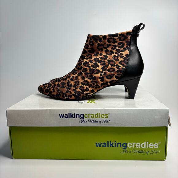 Walking Cradles Billie Heeled Booties in Leopard Stretch Fabric/Black Leather - Picture 1 of 10